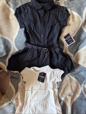 Chaps Blue Button-Front Belted Dress with White Crew Tee Set